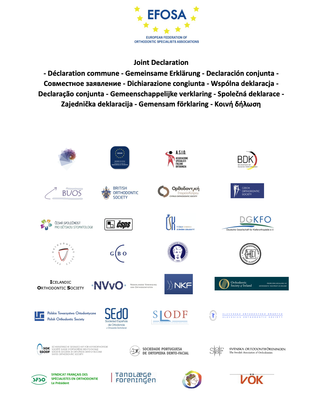 Logos von 28 europäischen kieferorthopädischen Fachgesellschaften unter dem Titel 'Joint Declaration' der EFOSA, der European Federation of Orthodontic Specialists Associations.