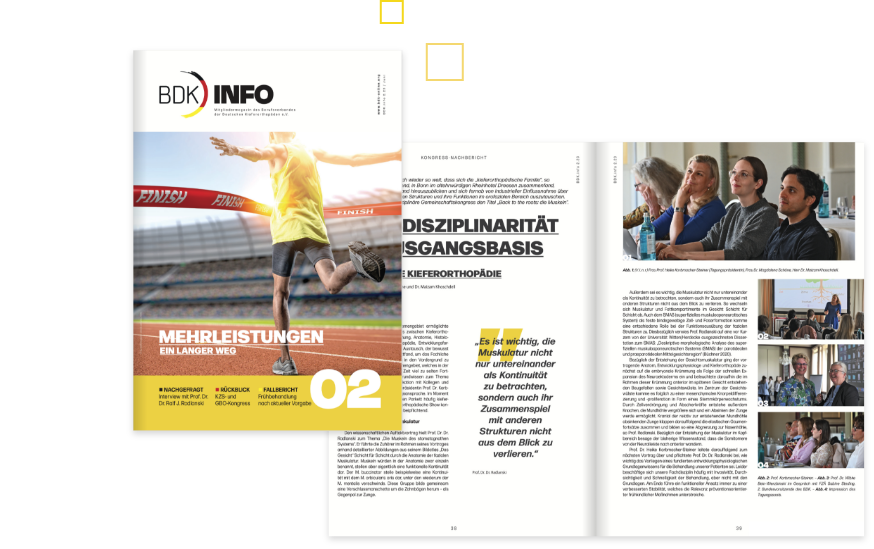 BDK INFO Magazin Ausgabe 02 mit Titel 'Mehrleistungen ein langer Weg' und Artikel über Disziplinarität als Ausgangsbasis der Kieferorthopädie, zeigt Läufer beim Zieleinlauf und Leser in einer Diskussionsrunde.