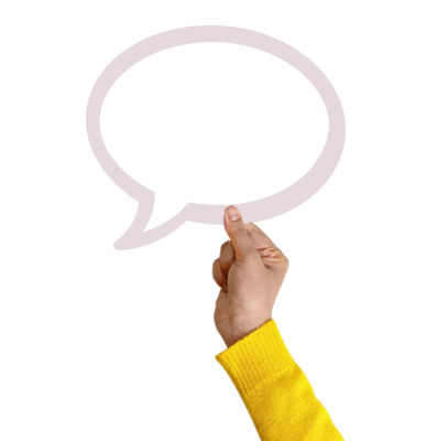 Hand in gelbem Pullover hält eine leere Sprechblase, symbolisiert Presseanfragen